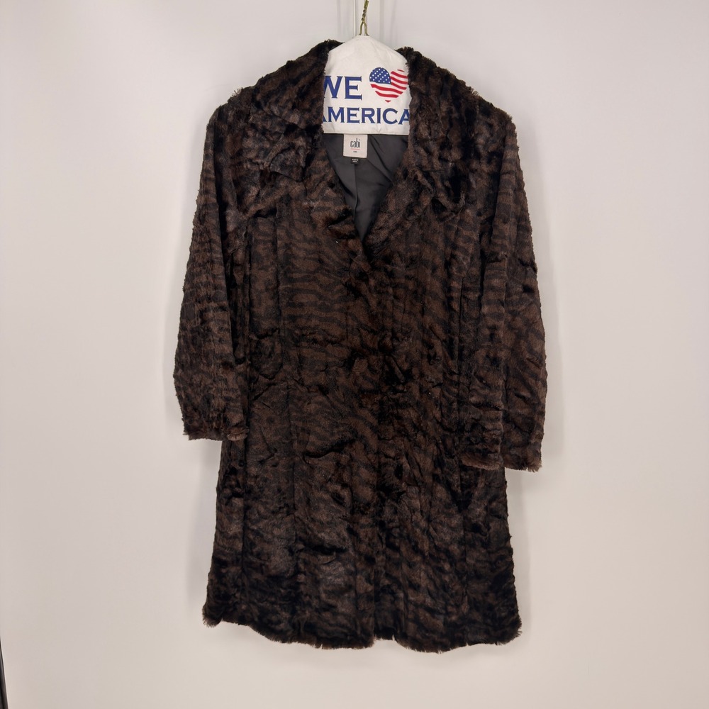 Cabi Faux Fur Coat Womens S Brown Black Animal Print Tiger Mob Wife Glam Retro